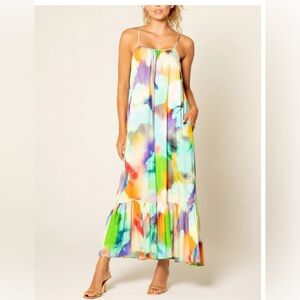 Lavender Brown Maia Dress - Watercolor Print Maxi - Size XS